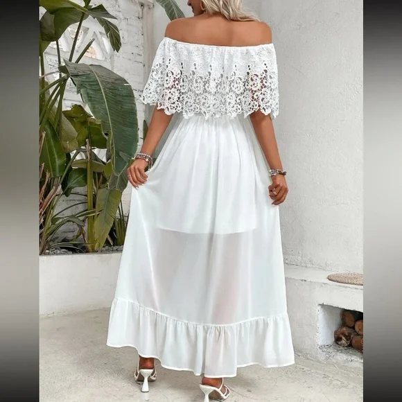Boho white off shoulder lace ruffle hem maxi dress - Picture 4 of 6
